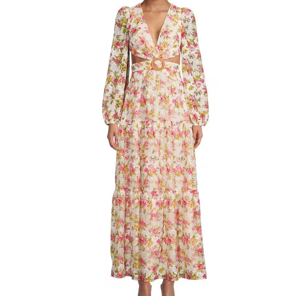 GIANNI BINI Lillian FloralPrint Long Sleeve DeepV-Neck Cut-Out Tiered dress